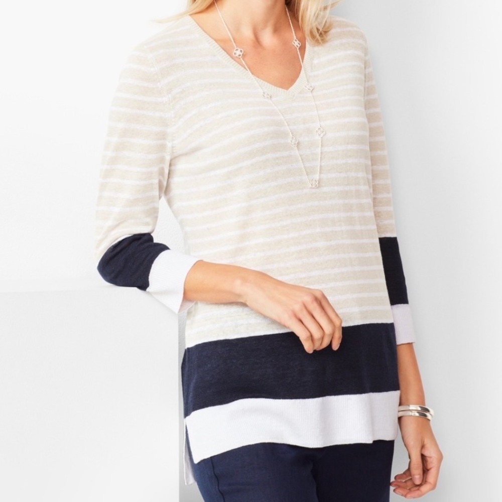 Talbots Petite Linen Stripe V Neck Sweater Top‎ Khaki White Navy MP Nautical